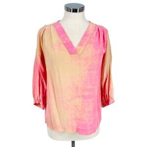 Diane Von Furstenberg Neon Spray Tie Dye 100% Silk Blouse Pink Peach Size 4